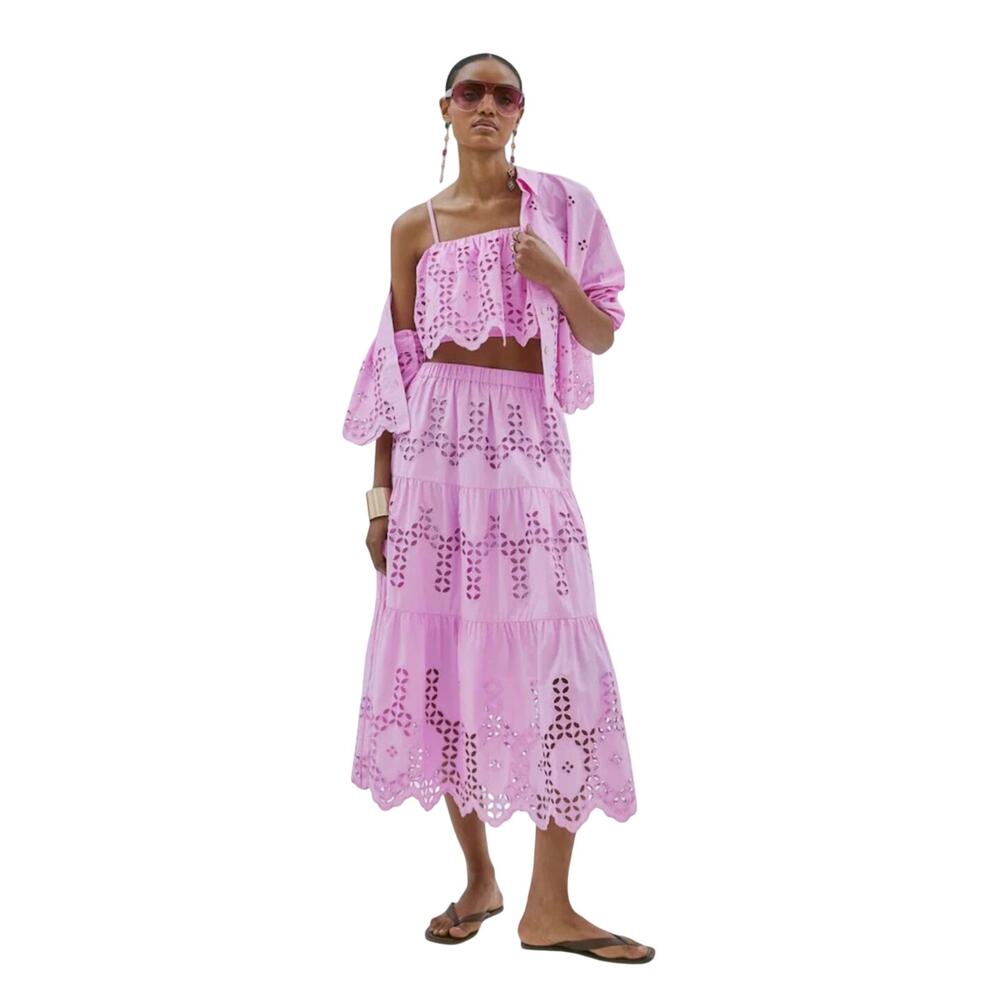 River Island Women's Pink Broderie Cutwork Midi Skirt Cotton Size UK 6 US 2